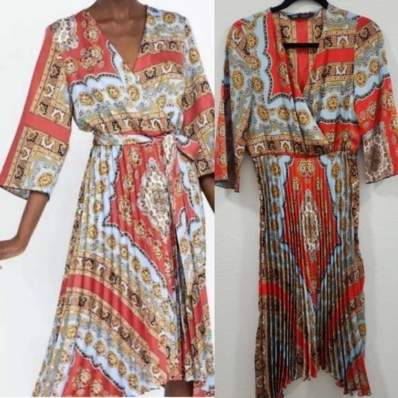 Zara Dresses & Skirts - ZARA Boho Patchwork Wrap Midi Dress Red Blue Print Belted Pleated V-Neck